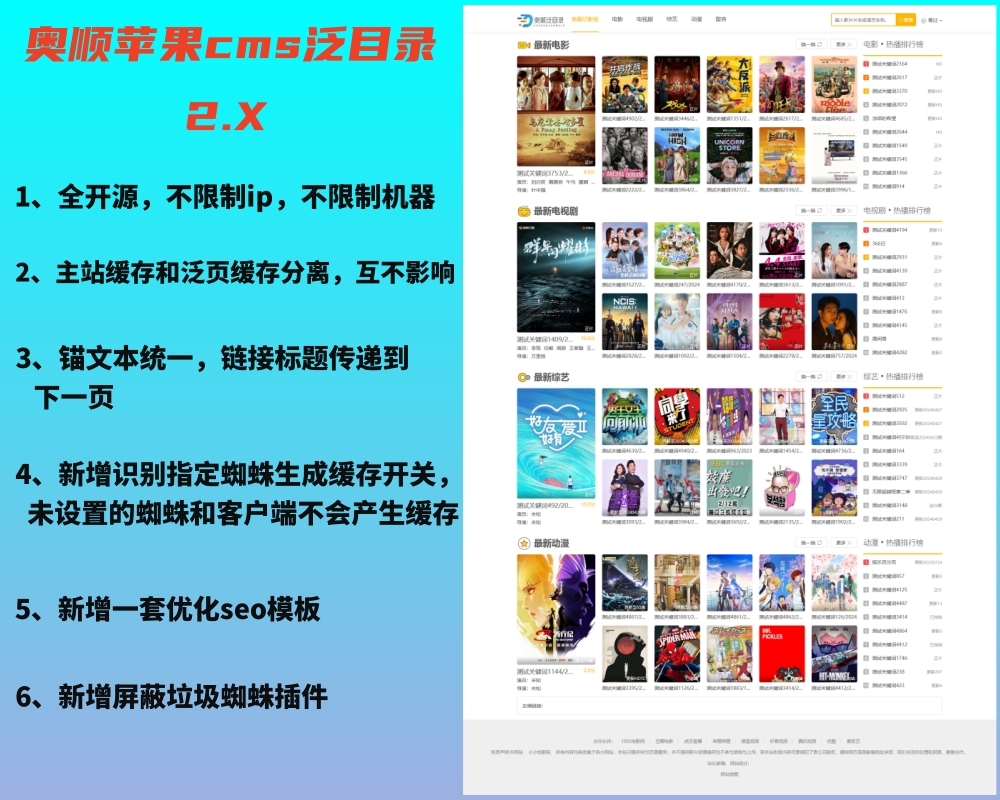 【苹果泛目录2.X】2024苹果cms二开泛目录站群php程序缓存分离多功能源码全开源